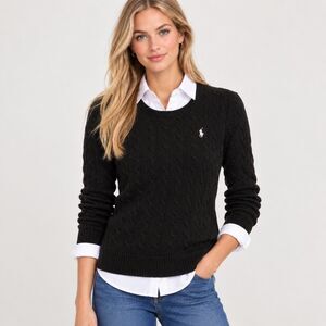 Vintage Ralph Lauren Sport Cable-Knit Cotton Pullover Sweater in Black Size XL